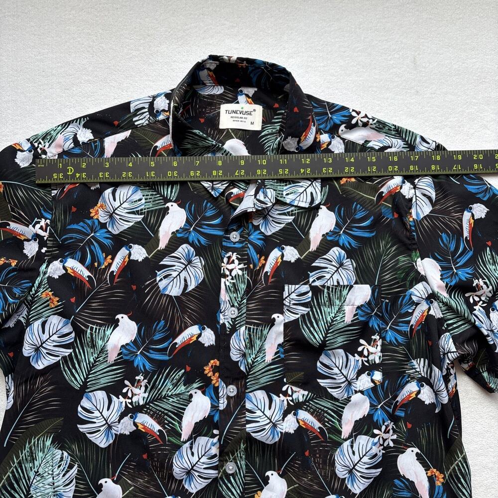 Tunevuse Tropical Bird Print Button Down Shirt Mens Size Medium Black Floral - Picture 9 of 12